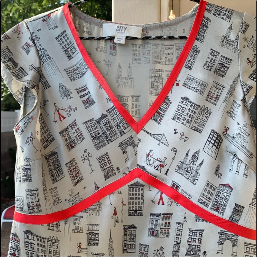 Gray and Red NY Cityscape Print Silk Top